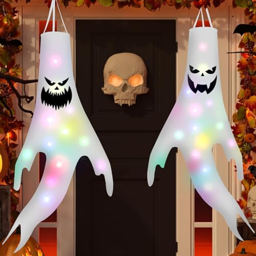 Halloween Deko Outdoor, Geist Windsock Dekoration Garten mit Led Lichterkette,120CM Windsäcke Hängen Ghost Flags Wetterfahne für Halloween Party Horror Garten hDécor - 2 Stück