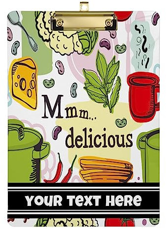 Presse-papiers en acrylique personnalisé, ajoutez votre texte personnalisé unique A4 presse-papiers format lettre avec clip à profil bas 30,5 x 22,9 cm Clip argenté ustensiles de cuisine savoureux