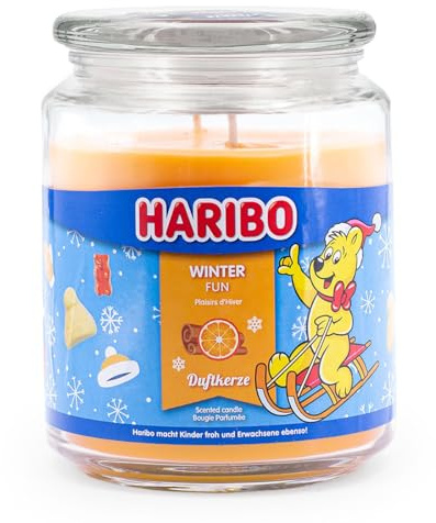Haribo Duftkerze im Glas | Winter Fun 510g | Süß-würziger Winterduft | Doppeldocht | 100h Brenndauer | Kerze im Glas | Geschenkidee Weihnachten