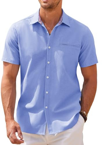 COOFANDY Herrskjortor kortärmad Oxford-skjortor vardaglig sommarskjorta affärer Chambray skjorta lätt rutig krage skjorta bomullsskjorta, Himmelsblått, M