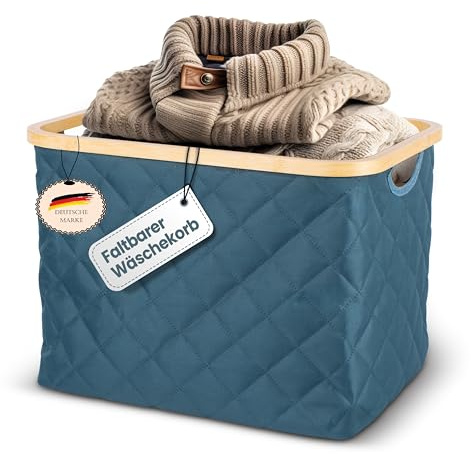 NEU LACAZO faltbarer Wäschekorb – 55 L – robuste, platzsparende Wäschebox – atmungsaktiver Stoff – standfester Bambusrahmen – Weiß, Braun, Blau, Grün, Grau, Schwarz – nur 715 Gramm – Tragegriffe