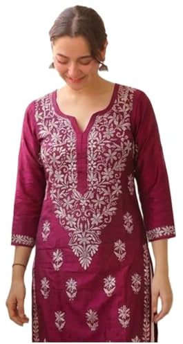 GoSriKi Women's Rayon Blend Straight Chikankari Embroidered Kurta, Pink, M
