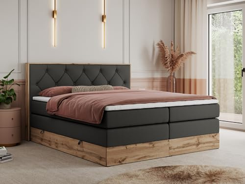 MKS MEBLE King Boxspringbett 180x200 mit Kopfteil und Bettkasten, Polsterbett mit Matratze H3 und Topper T25, Wotan Eiche Dekor - Dunkelgrau Kunstleder - Veneto King