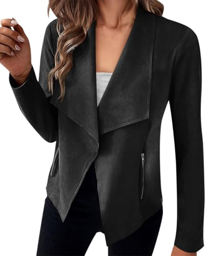 ORANDESIGNE Blousons Femme Crop Veste en Daim Slim Manteau avec Poches Zippé Léger Casual Manche Longue Col Revers Veste de Motard Manteau Courte Veste Suedine Printemps Automne A Noir XL