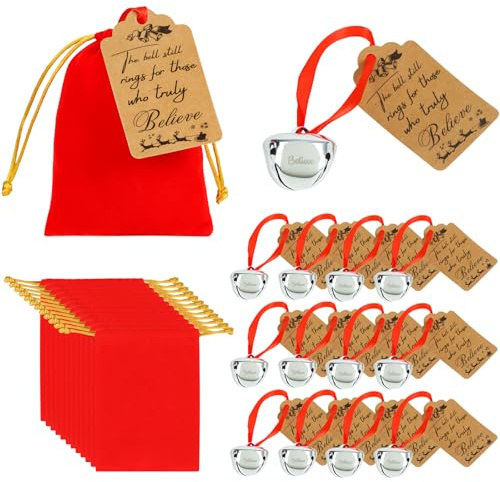 Bylion 12 Sets Christmas Polar Santa Sleigh Bell Set with Reindeer Bell, Red Velvet Bag with Golden Drawstring for Tree Home Decor Keepsake Gifts