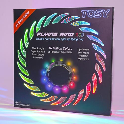 TOSY Flying Ring - 16 milioni di colori RGB o 12 LED, luminoso, modalità smarrimento, accensione automatica, impermeabile, frisbee leggero, regalo di compleanno e di Natale per ragazzo/ragazza/bambino