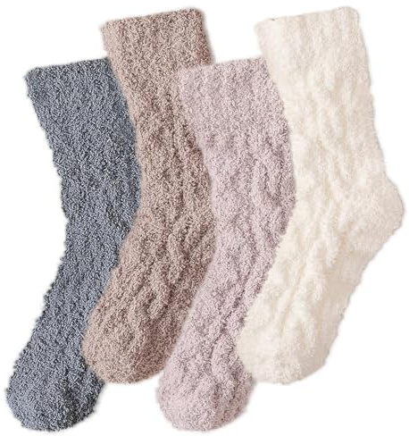 Yamobi Lot de 4 paires de chaussettes épaisses pour femme - Chaussettes thermiques chaudes en laine moelleuse - Antidérapantes - Pour la maison, le sommeil et les voyages