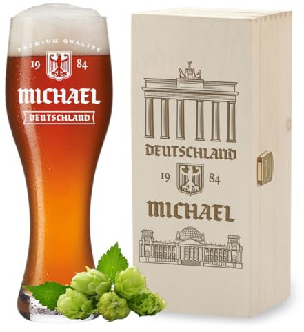 polar-effekt Bicchiere da 0,5 litri e scatola di legno con incisione personalizzata, regalo per bevitori di birra, ideale come regalo di compleanno, bicchiere da birra per birra bianca