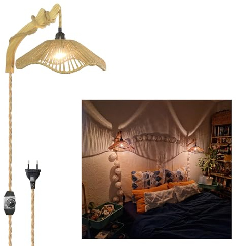 Wandlampe Rattan Boho, Wandleuchte Holz Dimmbar mit Schalter und Stecker, Hanfseil Rustikal Retro Wandlicht Vintage E27 mit 3m Kabel Innen Wandstrahler für Schlafzimmer Bett Wohnzimmer Flur 1 Stück