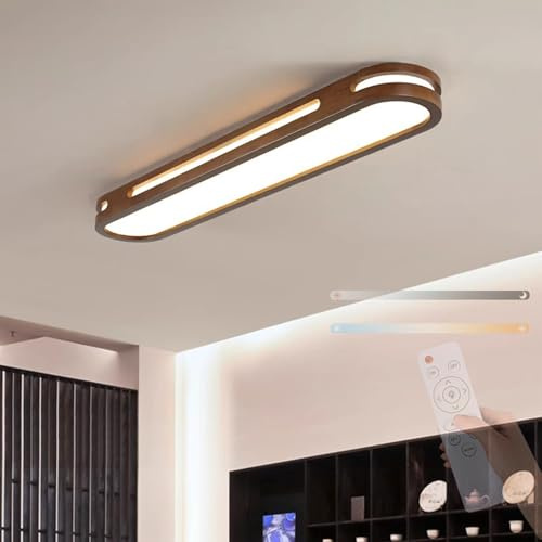 Holz LED Deckenlampe mit Fernbedienung Innen Deckenleuchte 2700K-6500K Dimmbar Deckenleuchten Rustikale Moderne Decke Deko Deckenlampe Esszimmer Flur Treppenhaus Bad Balkon (Dunkle Holzfarbe,90cm)