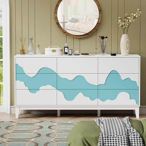 UEV Commode à 9 Tiroirs 160cm, Armoire de Rangement, Grand Espace de Rangement, Motif Vague Irrégulière, pour Chambre à Coucher, Salon, Salle à Manger, 160 x 40 x 78,5 cm, Blanc