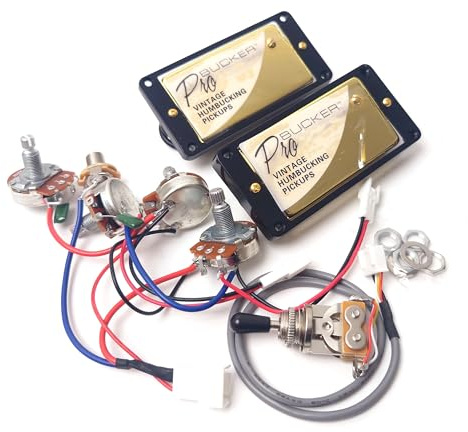 ProBucker Alnico 2 Humbucker Tonabnehmer Set Gold für Gibson Les Paul Tonabnehmer, Hals- und Steg-Tonabnehmer mit 2-Leiter-Schnellverbinder-Anschlüssen, 2V2T-Kabelbaum, Vintage-Ton-Upgrade