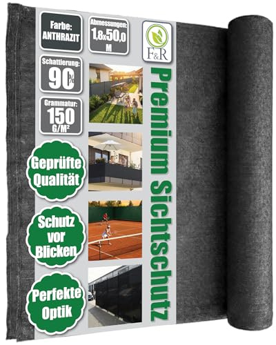 F & R Sichtschutz Garten Zaunblende I Sichtschutz Zaun I Schattiernetz Antrazit PE 1,8m x 50m 150g/m² I Sichtschutzmatte Für Zaun Gartenzaun Gartensichtschutz UV-Stabil Wetterfest