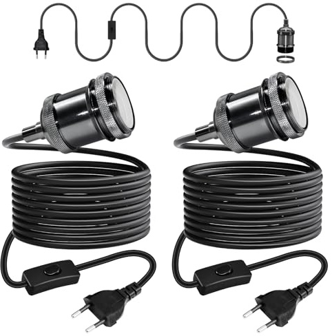 Retro Pendelleuchte Kit mit Schalter in Kabel 5M, 2 Stück Vintage Hängelampe mit Stecker, Modern Industrielle Hängeleuchte, Schwarz Kupfer E27 Fassung, Schwarz Runden Kabel, für Bar,Ohne Glühbirne
