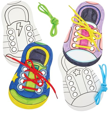 Baker Ross FN427 Lär dig knyta skosnören - Färgläggningskit - Förpackning med 8, Pedagogiska pysselkit för barn