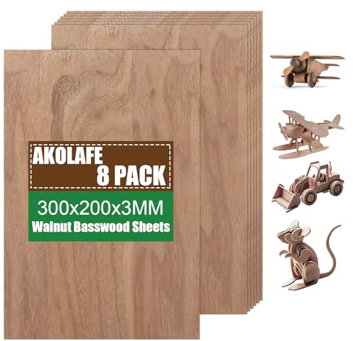 AKOLAFE Lot de 8 plaques de contreplaqué de noyer de 3 mm - Bois de noyer non traité - 300 x 200 mm - En bois de noyer naturel A4 - Pour travaux manuels, peinture, décoration