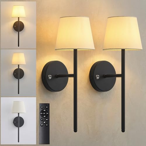Newsee Rechargeable Wireless Wall Lights Set of 2, Battery Operated 5200mAh Dimmable Cordless Wall Sconces with Remote Control, Wall Light with Fabric Shade Lighting for Bedroom, Living Room(Black)