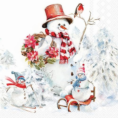 20 Servietten Weihnachten Sportliche Schneemänner als Tischdeko. Papierservietten mit Motiv. Auch für Decoupage und Serviettentechnik 33x33cm