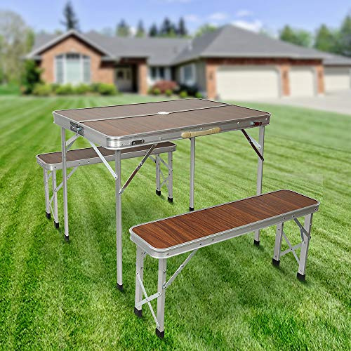 Willonin Set Klapptisch Koffer mit 2 Bänken, tragbar, Aluminium | 90 x 60 x 70 cm | Braun
