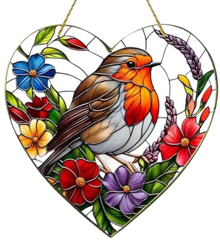 Sun Catchers for Windows, 20 × 20 CM Large Heart-Shaped Robin Stained Glass Effect Suncatcher Ornaments, Colorful Bird Ornament for Home Garden Gift Decor