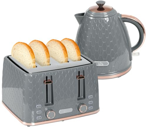 HOMCOM Wasserkocher Toaster Set Frühstücksset, Grau | 1,7L Wasserkocher, 4 Scheiben Toaster, 7 Bräunungsstufen, Automatische Abschaltung, Auftau- & Aufwärmfunktion, Krümelfach