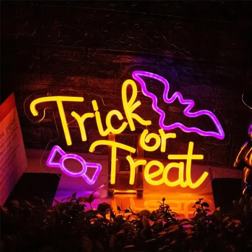 Letrero de neón LED de Halloween con luz de neón regulable para decoración de fiesta de Halloween, murciélagos, caramelos, letrero iluminado para el hogar, bar, salón, ventana, porche, puerta