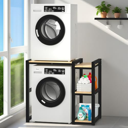 Estantería Superior Para Lavadora, Armario Lavadora Y Secadora Vertical Con Estantes Laterales, Ajustable En Altura De 3 Niveles, Capacidad De 300 Kg Para BañO, BalcóN, Lavandería(Black)