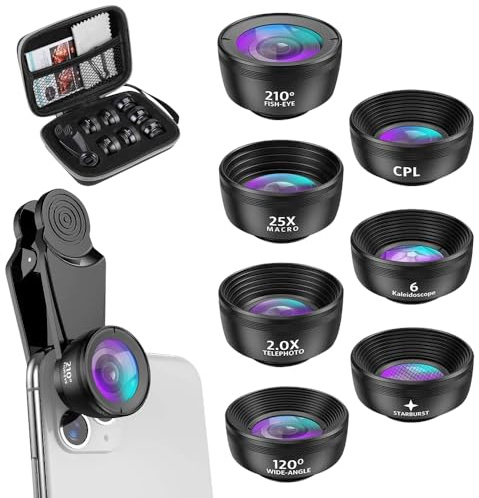 SGZIOO 7 In 1 Objektiv für Handy, Handy Objektiv Kit mit 210° Fischauge, 120° Weitwinkel, Makro objektiv Handy(25x), Porträt Spiegel(2X), Kaleidoskop, CPL & Star objektiv für Apple und Smartphones