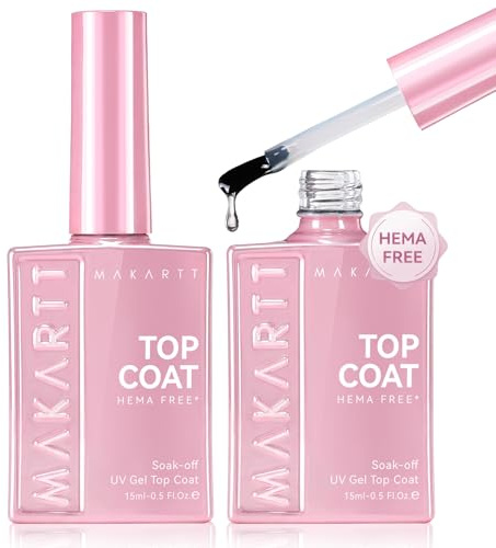Makartt Hema-Free Top Coat Gel Polish 2×15ml, No Wipe High Gloss, No Sticky | Long Lasting Soak-Off Chip-Free Non-Yellowing Scratch-Resistant Self-Levelling Low Odour Natural Artificial Nails UV Cured