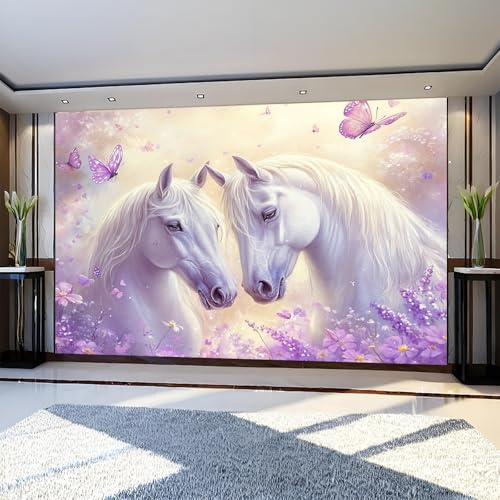 Fotomural animal caballo White 300 x 210 cm Mariposa Púrpura Papel Pintado Tejido No Tejido Fotográfico para Dormitorio, Oficina y Hotel