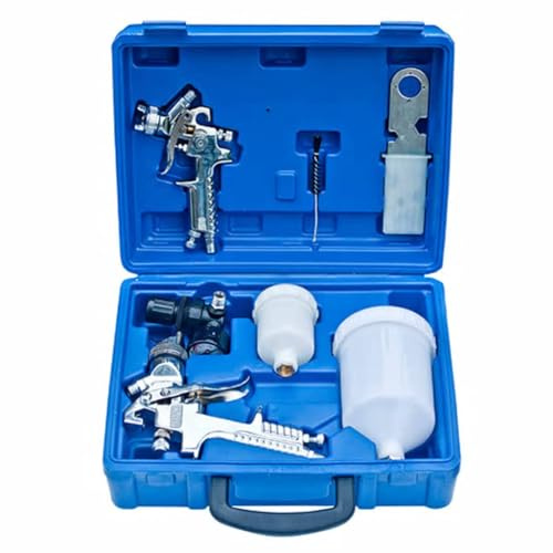 HVLP Paint Spray Gun Set with 1.4 mm and 0.8 mm Nozzle, 250 ml and 600 ml Cup, Pressure Regulator and Pressure Gauge, Spray Gun for Car, Furniture, Wall and Renovation, Includes Tool Box
