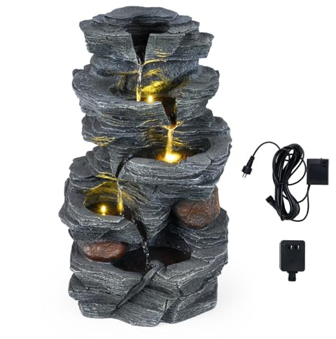 HOMASIS Zimmerbrunnen Wasserfall, Tischbrunnen mit Steineffekt, LED-Licht & leiser Pumpe, Kaskadenbrunnen Tischdekoration für Meditation & Entspannung, für Drinnen & draußen, 27 x 20,5 x 45,5 cm