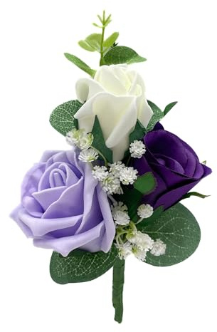 Artificial Wedding Flowers Hand-made by Petals Polly, SILK ROSE CORSAGE/BUTTONHOLE IN PURPLE, LILAC & IVORY