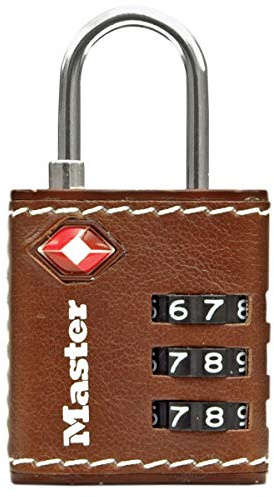 Master Lock 4692EURDBRN resehänglås med kombination, TSA-certifierat, brunt läder, 5,5 x 3 x 2,6 cm