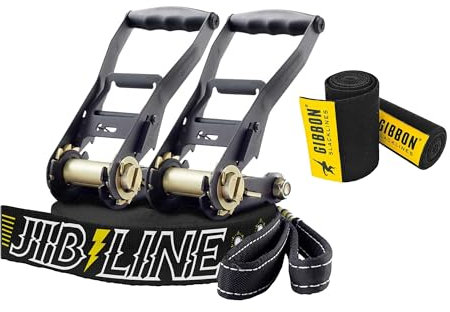 Gibbon Slacklines JibLine XL Trickline Set | 25m (20m Webbing + 2x 2,5m Ratschenband) | 2 Ratschen | TreeWear | 5cm Breite | Anti-Rutsch-Bedruckung | Bruchlast 30Kn | für Einsteiger & Profis
