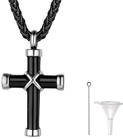 Richsteel Personalizable Cruz Guardapelo Negro Base Acero inoxidable, Relicario Perfume Colgante para cenizas Urna Cremación Recuerdo, Collar Ajustable Regalo para Mujer Hombre