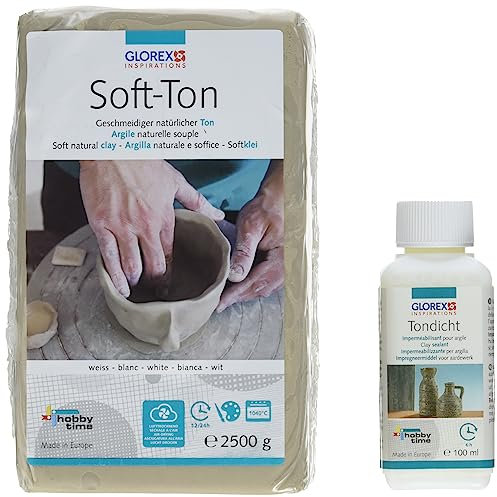 GLOREX 6 8075 300K - Set für Kreative: Soft Ton 2500 g in weiß, lufthärtend oder brennbar und 100 ml Tondicht zur Versiegelung
