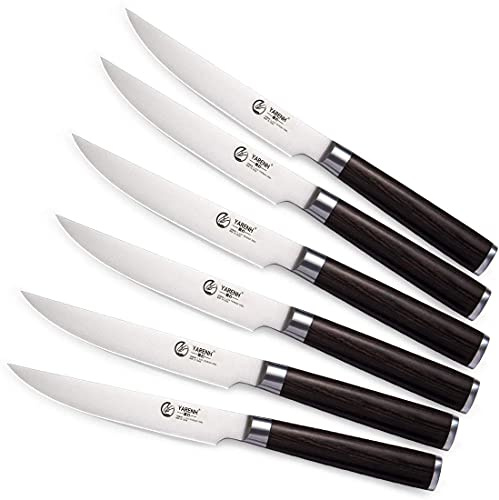 YARENH Couteaux de Table,Couteau a Steak 6 Pièces,Lame de 14cm en Acier Inoxydable Allemand,Couteau a Viande Avec Manche en Bois Pakka HXZ-Série