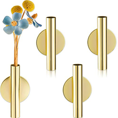 Jetec 3 Pcs Gold Metal Wall Vases Metal Hanging Plant Holder Wall Mounted Flower Vases Planter for Flowers Boho Hanging Tube for Display Home Decoration Art Decor