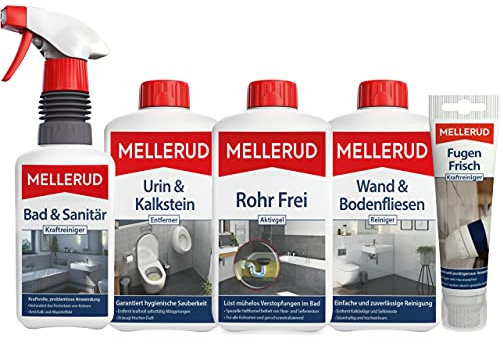 Mellerud Badezimmer Reinigungsset – Badreiniger zur Reinigung von Fliesen, Fugen und Abfluss sowie Entfernung von Urin- und Kalkstein – Set mit 5 Produkten