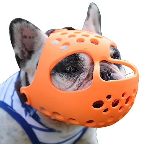 BARKLESS Maulkorb für Hunde, mit kurzer Schnauze, weiches Silikon, flach, für Französische Bulldogge, Shih Tzu und Mops, zum Beißen, Kauen, ermöglicht Hecheln (L(42.9–48 cm), Orange)