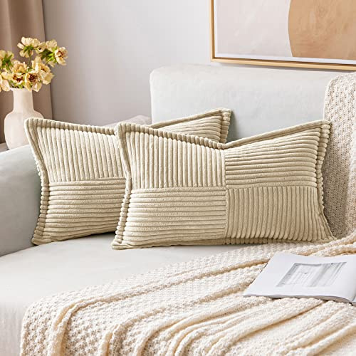 MIULEE 2er Set Kissenbezug 40×60cm Kordsamt Biese Patchwork Creme | Mit Biese und Patchwork Design formstabil farbtreu mit Reißverschluss dekorativ für Sofa Bett Gästezimmer Büro und Terrasse