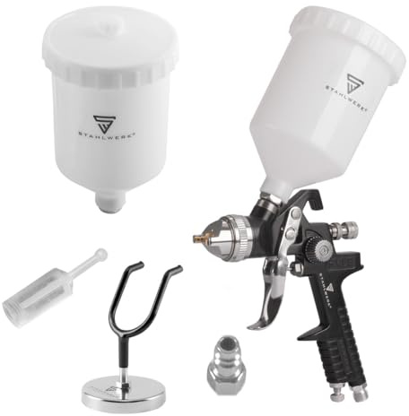Pistola a spruzzo HVLP STAHLWERK SG-600 ST con ugello da 1,4 mm e tazza di portata da 600 ml, supporto per pistola a spruzzo, pistola a spruzzo professionale/pistola a spruzzo/pistola a spruzzo