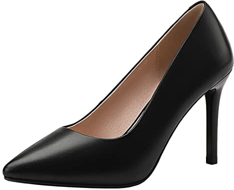 Jamron Mujer Cuero Genuino 9CM Tacones Altos Elegante Puntiagudo Pumps Zapatos de Oficina Negro SN602C015-3 EU38.5