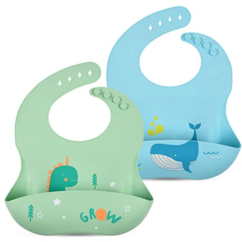 Vicloon Baberos de Alimentación para Bebés,2pcs Baberos de Silicona,Baberos Impermeables,Baberos Suave Ajustable para Bebés y Niños Niñas，Baberos para alimentación de bebés con Recolector Alimentos