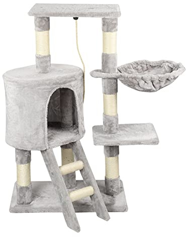 Mehrstöckiger Kratzbaum, 95 cm hoch, 1 Sisalseil, 1 Schlafsack, 1 Baumloch und eine kleine Treppe mit 2 Stufen, Sisal-Kratzbaum für Katzen zum Ausruhen und Spielen, grau（Inventar in Deutschland）