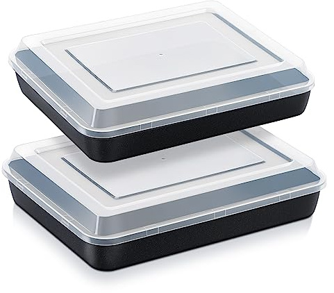 E-far Baking Pan with Lid, 9.75 x 12.5 x 2 Inch Nonstick Rectangle Cake Pans with Covers, 2 Sheet Pans Bakeware and 2 Lids for Brownies Cakes, Non-toxic & Stainless Steel Core, 2 Inch Deep