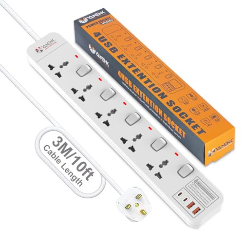 VANENIK Universal Extension Lead with USB C 3M Surge Protector Power Strip with 4 USB Ports, Individual Switched Socket Extension Cord 3 Meter 5 Way