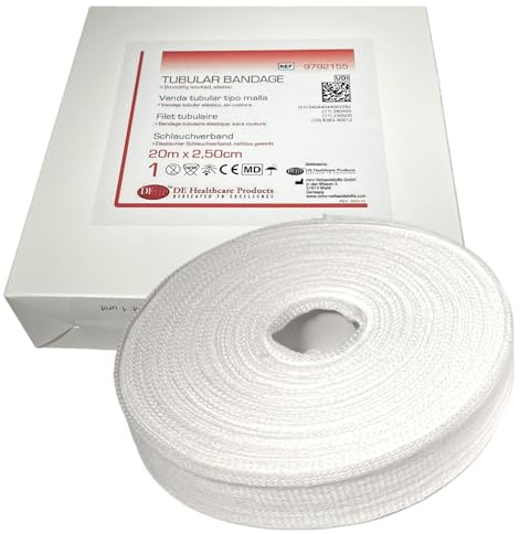 DE Healthcare Products - Elastischer Schlauchverband, Trikotschlauchverband aus 100% Baumwolle, 20 m x 2,5 cm, für große Finger- & Zehenverbände, nahtlos gewirkt, Schlauchbinde Größe 1