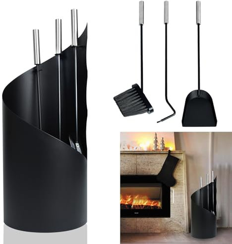 Yznahhre Kaminbesteck Set 4-teiliges Kaminzubehör, Kamingarnitur mit Schürhaken, Ascheschaufel, Kaminbesen & Ständer, Modern Design, Edelstahlgriffe, Schwarz